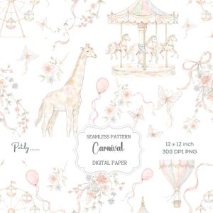 Pode incluir: Um padrão digital sem costuras com ilustrações em aguarela de uma girafa, um carrossel, um balão de ar quente, uma roda gigante, borboletas, balões cor-de-rosa e arranjos florais com fitas. Texto: Potily DIGITAL SEAMLESS PATTERN Carnival DIGITAL PAPER 12 x 12 inch 300 DPI PNG.
