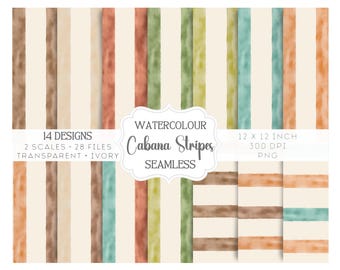 Cabana Stripes Seamless Patterns, Watercolor Striped Digital Paper, Autumn/Fall Awning Stripes, Commercial Use PNG