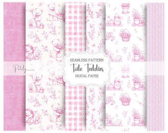 Pink Toile Seamless Pattern Bundle, Teddy Bear Garden Digital Paper, Storybook Nursery Wallpaper, Baby Shower Fabric, Instant Download