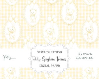 Butter Yellow Seamless Pattern – Gingham & Toile Teddies in Frames, Nursery Digital Paper for print decor and fabric