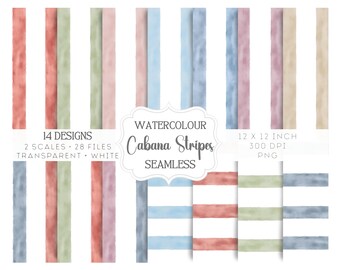 Watercolor Cabana Stripes Seamless Patterns, Striped Digital Paper, Pastel Awning Stripe Backgrounds, Scrapbook Paper, Commercial Use PNG