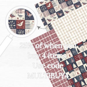 Seamless Christmas patchwork digital paper set with rustic plaids, holiday trees, snowflakes, and birds in a red, navy, and cream color palette. 12x12 inch 300dpi digital scrapbook papers for festive crafts, invitations, and printables.