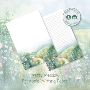 Carta da lettera stampabile, Prato e fiori di campo, Carta a righe di cancelleria stampabile, Carta per appunti, Carta da lettera