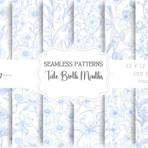 Patrones sin costuras con motivos florales de tela, chinoiserie azul, diseños digitales con motivos florales para el mes de nacimiento, papeles imprimibles para descargar al instante