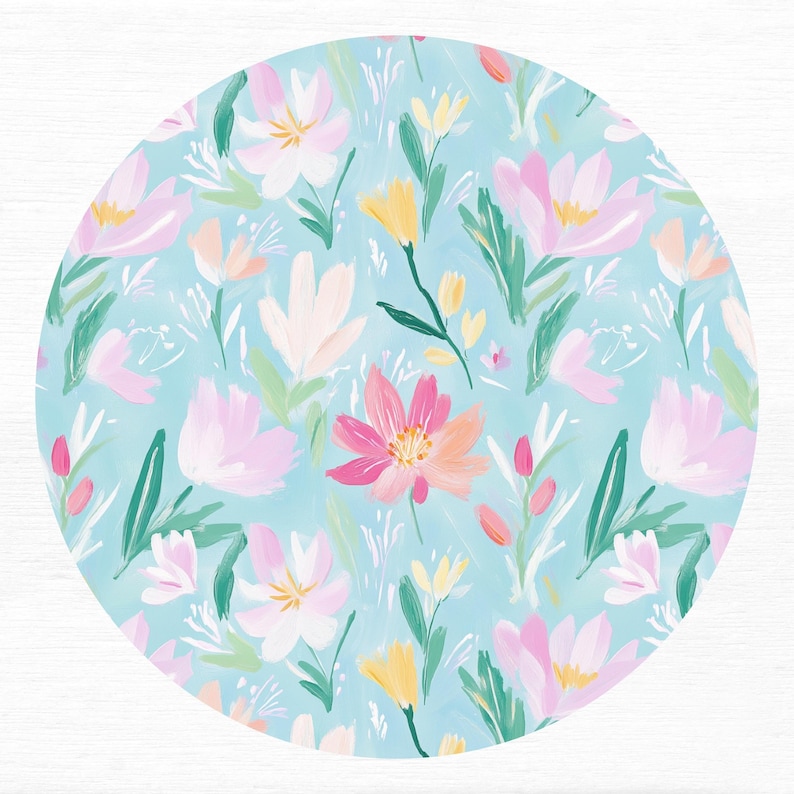Whimsical and vibrant ditsy floral pattern with bright spring flower heads in various colors, creating a seamless and lively design