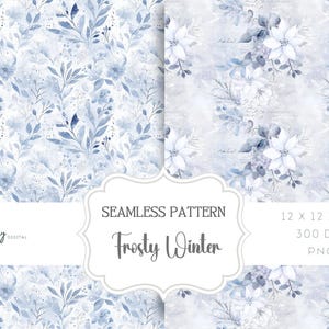 May include: Seamless pattern digital paper featuring a frosty winter design with blue and white watercolor flowers and leaves. The pattern is 12 x 12 inches and 300 DPI.