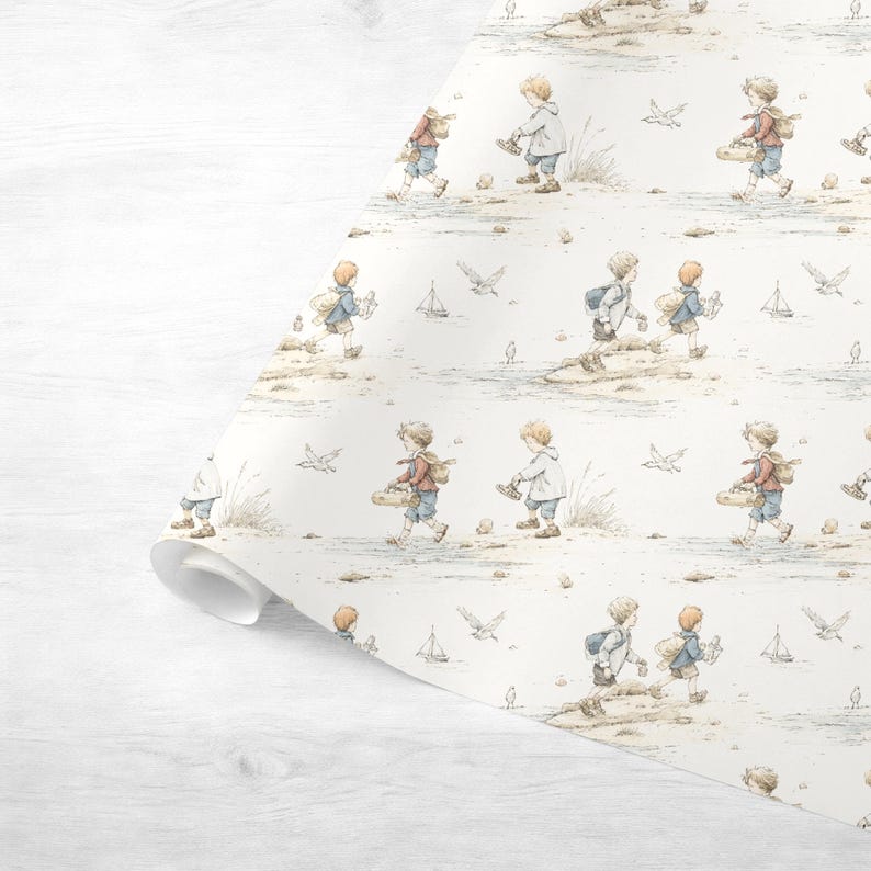 Seamless pattern in a vintage storybook toile style featuring children playing at the beach, paddling in shallow waves. Soft ink and watercolor illustration in muted tones of sandy beige, pale blue, and warm grey.