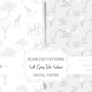 Neutralt Chinoiserie Toile de Jouy sömlöst safarimönster i mjukgrått, för barnrum, papper, tyger med mera - direktnedladdning