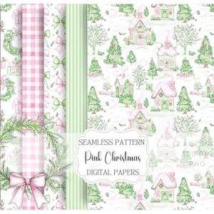Pink Christmas Toile Seamless Pattern, Digital Paper Set – Coquette Bows and Preppy Printable Scrapbook papers