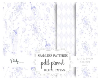 Blue Toile Nursery Seamless Pattern Set, Petit Pierrot Clown Digital Paper, Vintage French Style Baby Wallpaper Fabric PNG