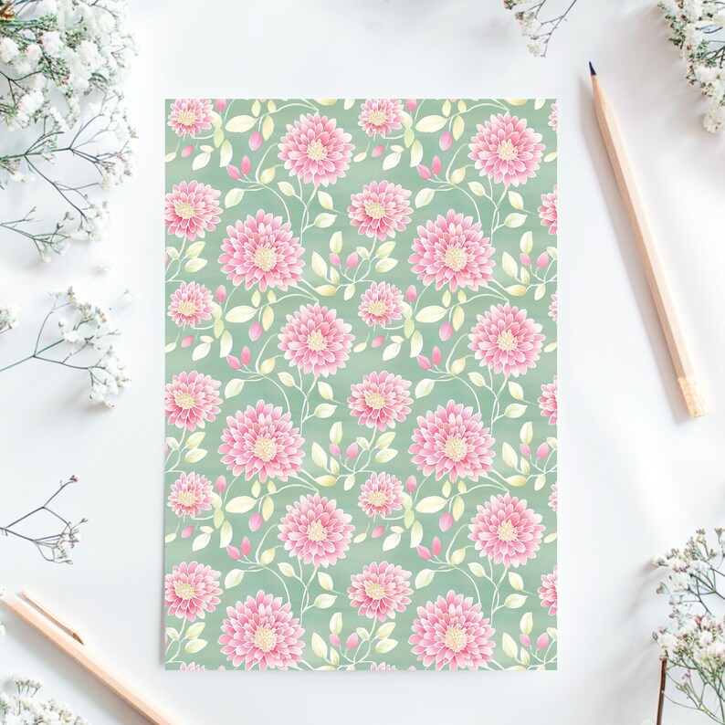 Whimsical and vibrant seamless floral pattern with bright spring chrysanthemum flowers creating a seamless and lively design in stunning pink and green