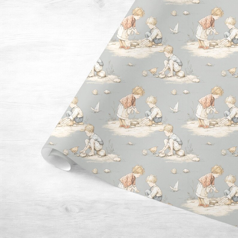 Seamless pattern in a vintage storybook toile style featuring children playing at the beach, paddling in shallow waves. Soft ink and watercolor illustration in muted tones of sandy beige, pale blue, and warm grey.