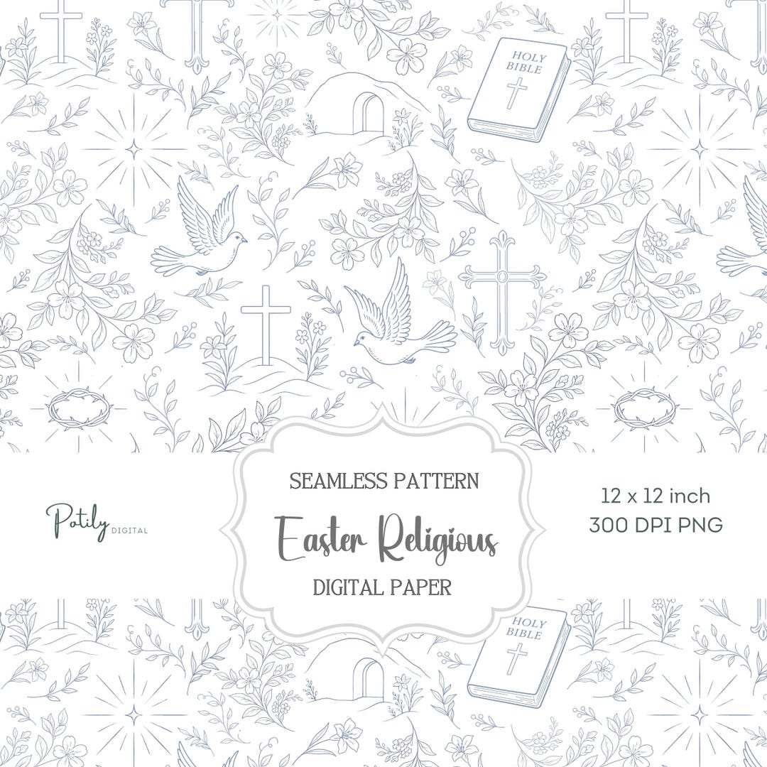 Christian Easter Toile Seamless Pattern, Religious Digital Paper, Blue ...