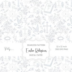 May include: Seamless Easter religious digital paper featuring a repeating pattern of crosses, doves, flowers, and a Holy Bible. The design is in light blue on a white background. The paper is 30.48 cm x 30.48 cm.