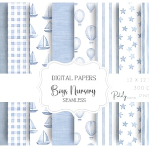 Blue Gingham Pattern Seamless boy. Digital Paper Set – Blue and White Printable Scrapbook, Baby Shower & Nursery Decor