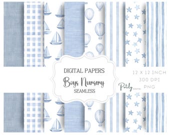Blue Gingham Pattern Seamless boy. Digital Paper Set – Blue and White Printable Scrapbook, Baby Shower & Nursery Decor