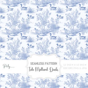 Blauwe chinoiserie toile de jouy naadloos patroon, wilde eendpatroon, digitaal papier voor de kinderkamer, blauw, clipart voor papier en stoffen en meer