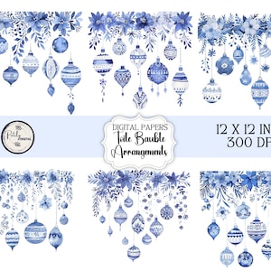 Kerstchinoiserie, toile de jouy-ballen en bloemen, Frans blauw en wit, digitale instant download clipart, transparante png-bestanden.