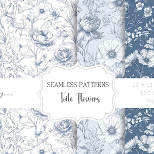 Chinoiserie Toile de Jouy, Seamless Pattern pack, Vintage Toile background, Light Blue & White Floral Digital Paper, Victorian Floral PNG