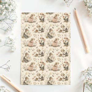 Seamless pattern in a vintage storybook toile style featuring girls picking pretty wildflowers. Soft ink and watercolor illustration in muted tones of sandy beige, pale blue, and warm grey.