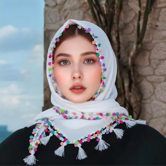 Handmade White Hijab With Multicolor Beaded Trim | Bohemian  display picture 1
