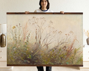 May include: A large rectangular wall hanging featuring a printed landscape painting of wild meadow grasses and dried wildflowers in muted earth tones, secured between two horizontal dark brown wooden rails at the top and bottom edges.