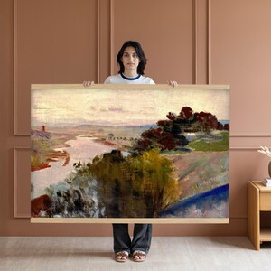 May include: A rectangular landscape painting featuring a winding river flowing through a valley with dense clusters of trees in shades of deep green, brown, and yellow. The sky is a pale, soft cream color, and the terrain shows rolling hills.