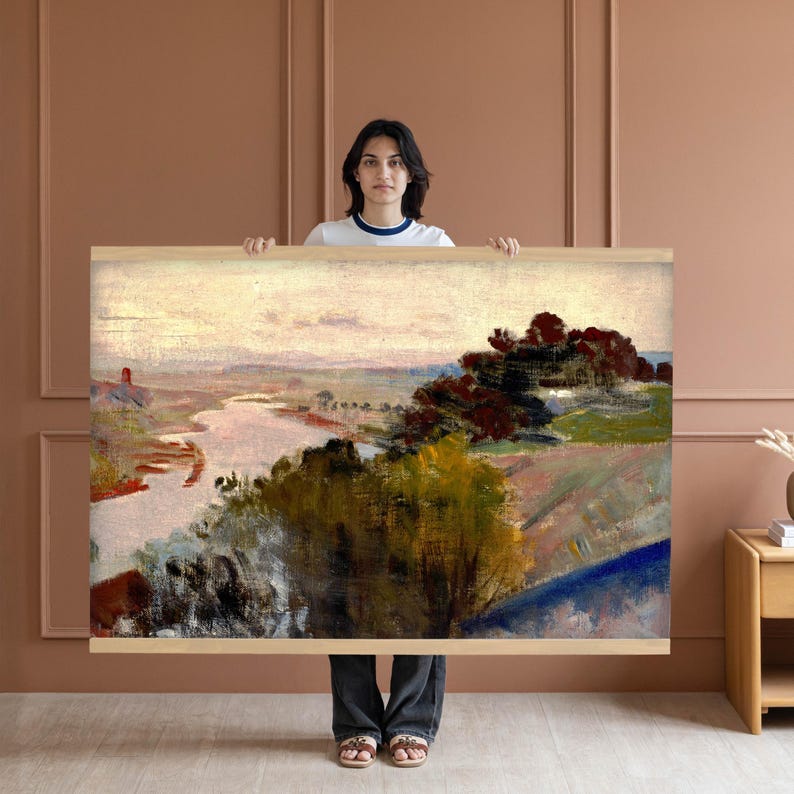 May include: A rectangular landscape painting featuring a winding river flowing through a valley with dense clusters of trees in shades of deep green, brown, and yellow. The sky is a pale, soft cream color, and the terrain shows rolling hills.
