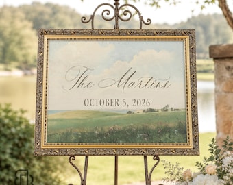 Wedding Welcome Sign Personalized, Custom Last Name Sign, Vintage Landscape Canvas, Gold Framed Wedding Decor, Reception Entrance Sign