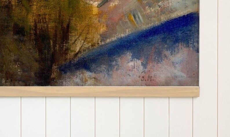 May include: A rectangular canvas print featuring an impressionistic landscape painting with visible brushstrokes in shades of deep blue, golden yellow, and soft pink. The artwork is mounted in a light-toned wooden frame and displays the initials S.M.