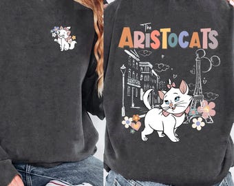 Double Sided The Aristocats Eiffel Tower Comfort Colors Shirt, Marie Disney Cat Tshirt, Disneyland Family Trip Outfits, Cat Lover Disney Tee