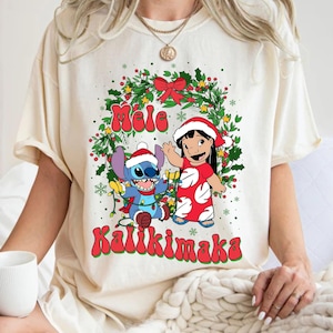 Lilo & Stitch Christmas Mele Kalikimaka Wreath Comfort Colors Disney T-shirt, Vintage Xmas Shirt, Disneyland Xmas Party Holiday Trip Gift