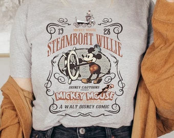 Koszulka Steamboat Willie Mickey Mouse z 1928 roku w kolorach Comfort, koszulka rodzinna w stylu vintage, prezent urodzinowy na wycieczkę do parku Magic Kingdom w Disneylandzie