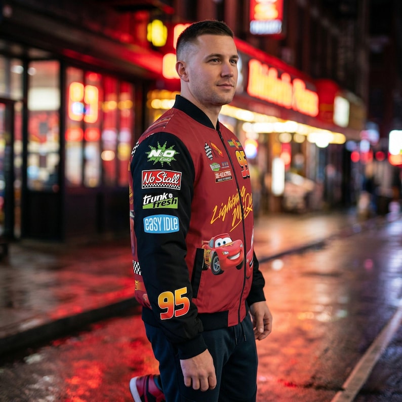 Może przedstawiać: Czerwono-czarna kurtka bomberka z Lightning McQueen z filmu Auta. Kurtka ma naszywki z numerem 95 oraz napisami "No Stall", "Trunk Fresh" i "Easy Idle".