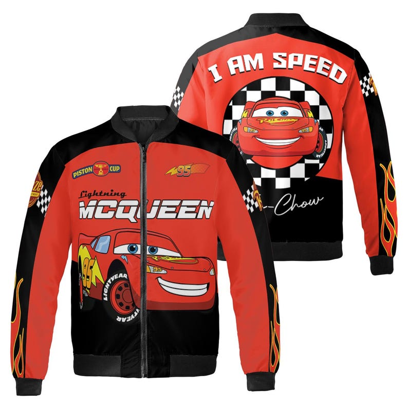 Lightning McQueen 95 Bomber Jacket for Disney Racing Fans, Retro Cars Movie Streetwear Jacket, Radiator Springs, Mcqueen I Am Speed Ka-Chow image 7