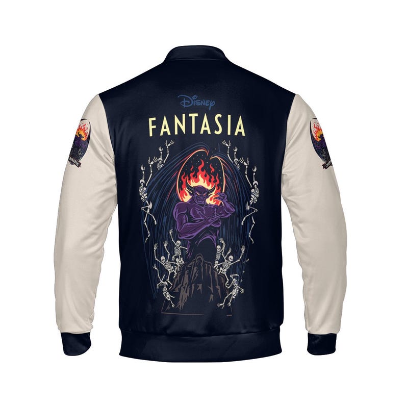 May include: Navy blue and cream-colored bomber jacket featuring a graphic from Disney's Fantasia. The back of the jacket displays a purple demon with a fiery head, surrounded by skeletons. The sleeves are cream-colored, and the jacket has a classic bomber style.