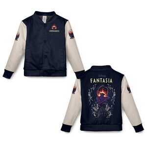 May include: Navy blue and cream-colored bomber jacket featuring the word "Chernabog" above a flame graphic on the chest. The back of the jacket displays the word "Fantasia" above a graphic of a dark figure surrounded by skeletons. The sleeves have a circular graphic.