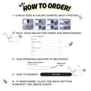 May include: A graphic with instructions on how to order a product. The text reads "HOW TO ORDER!" followed by numbered steps. The steps include checking size and color charts, selecting options, adding personalization, adding to basket, and repeating steps.