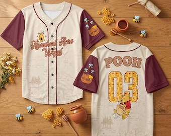 Custom Name Number Winnie The Pooh Baseball Jersey, Personalized Pooh Bear Jersey, Hundred Acre Wood Shirt, Disneyland Family Trip Outfits