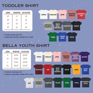 K&ouml;nnte beinhalten: Produktbild mit T-Shirts in verschiedenen Farben und Gr&ouml;&szlig;en f&uuml;r Kleinkinder und Jugendliche. Das Bild enth&auml;lt eine Gr&ouml;&szlig;entabelle mit Ma&szlig;en in Zentimetern und eine Farbpalette mit Farbt&ouml;nen wie Wei&szlig;, Rosa und Marineblau. Der Text "TODDLER SHIRT" und "BELLA YOUTH SHIRT" sind sichtbar.