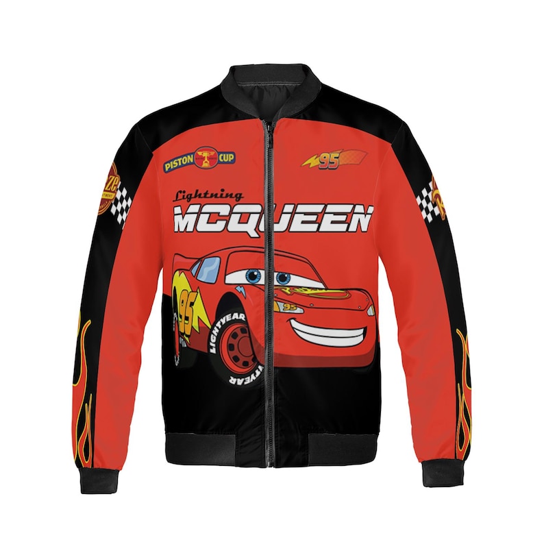 May include: Red and black Lightning McQueen bomber jacket. The jacket features a large graphic of the character Lightning McQueen on the front, with the text "Lightning McQueen" above the car. The sleeves have flame designs.