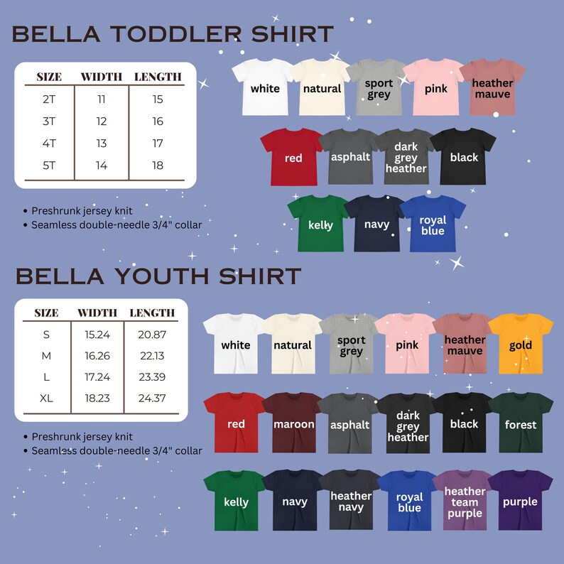 Pu&ograve; includere: Una tabella colori per magliette Bella per bambini e ragazzi con vari colori a tinta unita tra cui bianco, naturale, grigio sport, rosa, malva m&eacute;lange, rosso, asfalto, grigio scuro m&eacute;lange, nero, kelly, blu navy, blu royal, bordeaux, oro, bosco e viola.