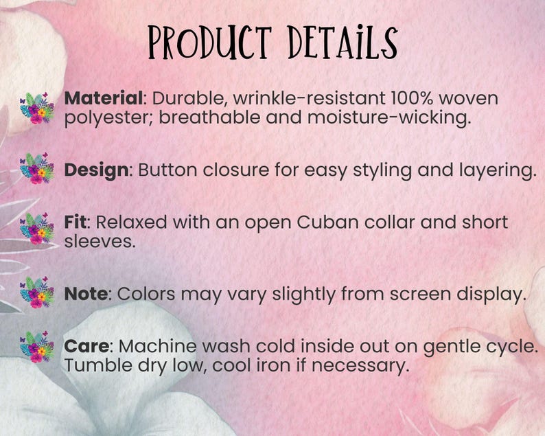 Op de afbeelding: Tekst op een roze en witte achtergrond: "PRODUCT DETAILS." De tekst beschrijft het materiaal als duurzaam geweven polyester, het ontwerp als een knoopsluiting en de pasvorm als relaxed met een open Cubaanse kraag en korte mouwen.