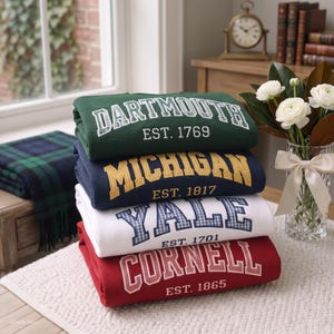 May include: A stack of four folded sweatshirts in green, navy blue, white, and red. Each sweatshirt features a university name and establishment year: Dartmouth Est. 1769, Michigan Est. 1817, Yale Est. 1701, and Cornell Est. 1865 in collegiate lettering.