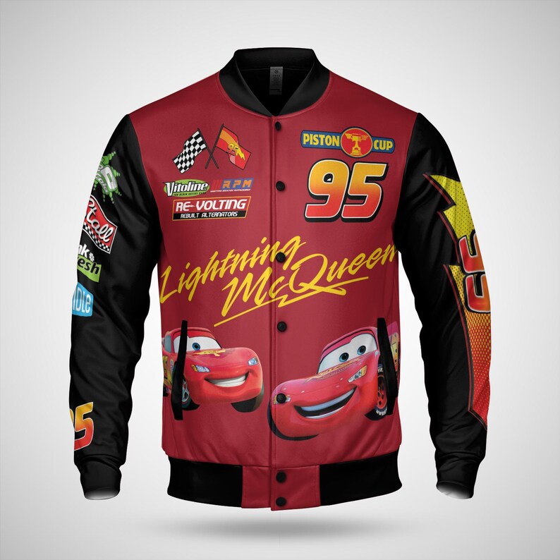 May include: Red and black Lightning McQueen bomber jacket. The jacket features the number 95, the words "Lightning McQueen", and images of the character. The sleeves are black, and the jacket has various racing-themed patches.