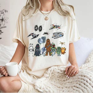 Star Wars Characters Doodle Drawing Shirt, Retro Sci-Fi Fan Gift, Minimalist Darth Vader and Droids Aesthetic Tee, Disney Galaxy's Edge Trip
