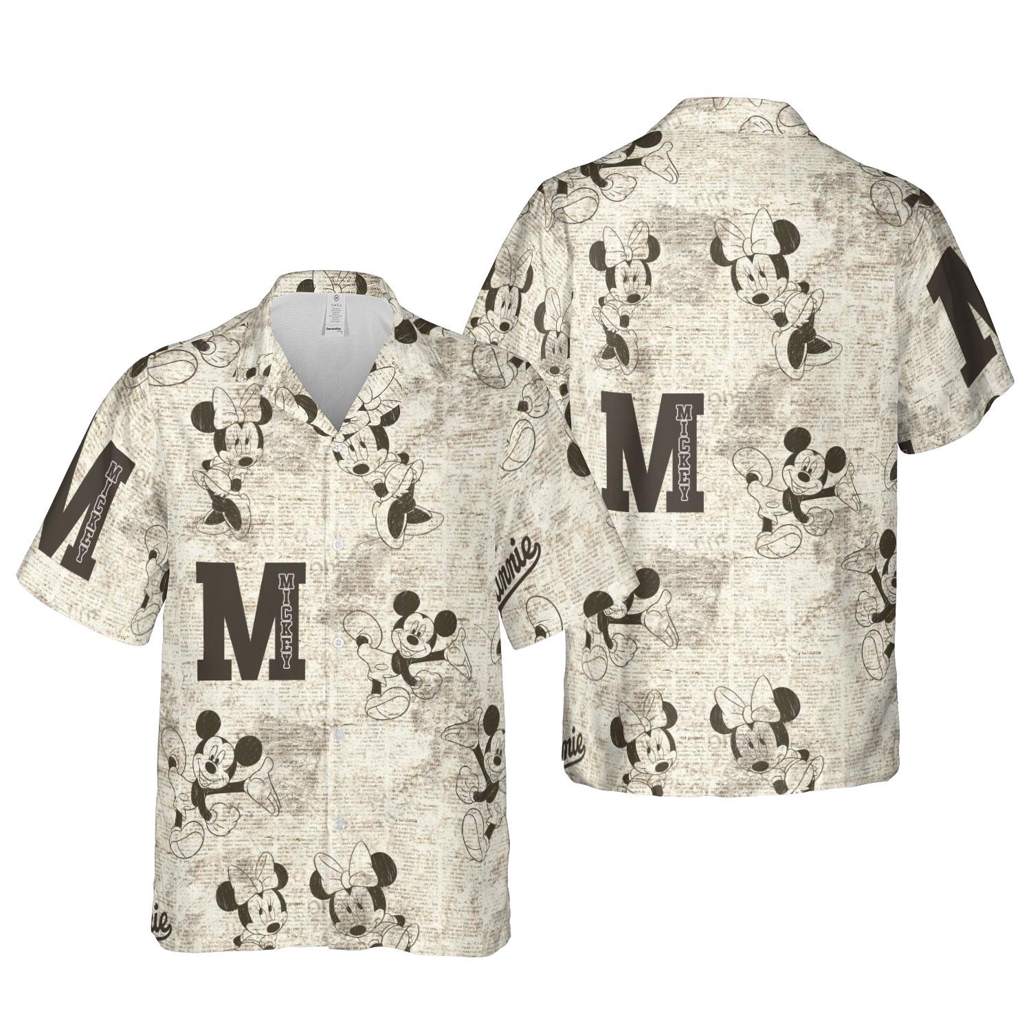 Discover Mickey And Minnie Mouse Vintage Old Paper Hawaiian Shirt, Classic Disney Hawaiian Style Shirt, Disneyland Family Summer Trip Matching