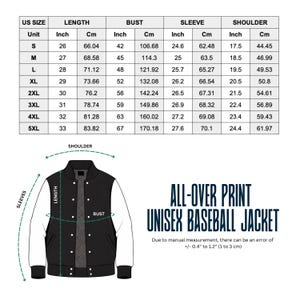 May include: Black and white unisex baseball jacket with a diagram showing measurements in inches and centimeters. The text on the jacket reads "ALL-OVER PRINT UNISEX BASEBALL JACKET". Measurements are provided for length, bust, sleeve, and shoulder.