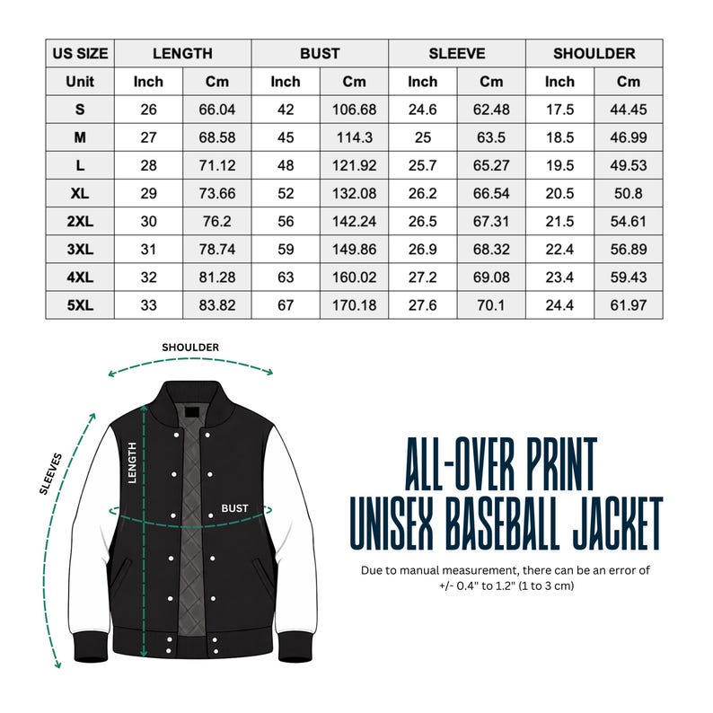 May include: Black and white unisex baseball jacket with a diagram showing measurements in inches and centimeters. The text on the jacket reads "ALL-OVER PRINT UNISEX BASEBALL JACKET". Measurements are provided for length, bust, sleeve, and shoulder.