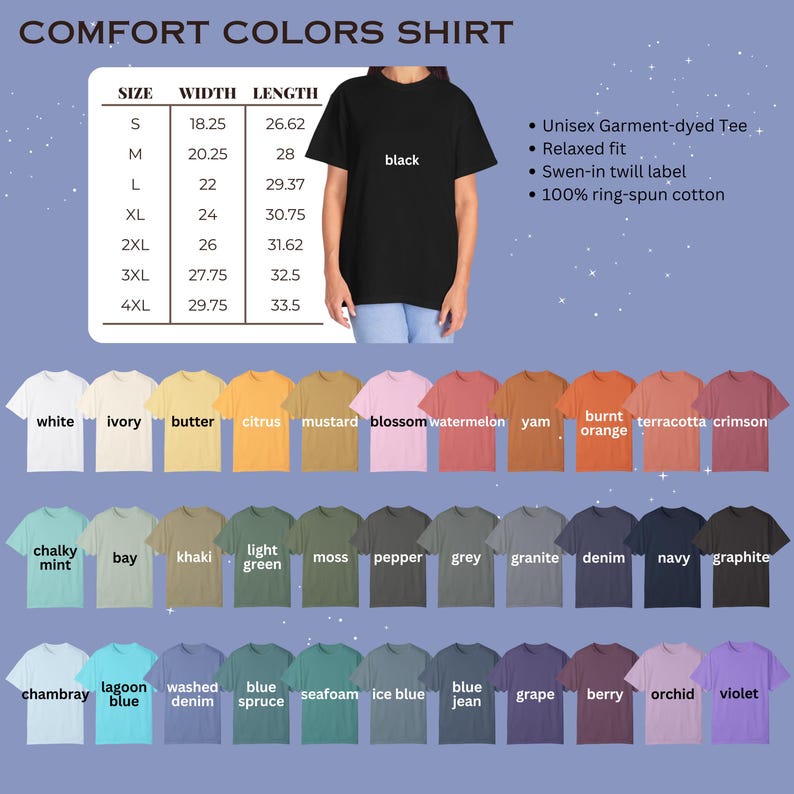 K&ouml;nnte beinhalten: Ein schwarzes Comfort Colors-Shirt mit dem Aufdruck "black". Das Bild zeigt auch eine Gr&ouml;&szlig;entabelle mit Ma&szlig;en in Zoll und eine Farbkarte mit verschiedenen Shirtfarben, darunter Wei&szlig;, Blau und Gr&uuml;n.
